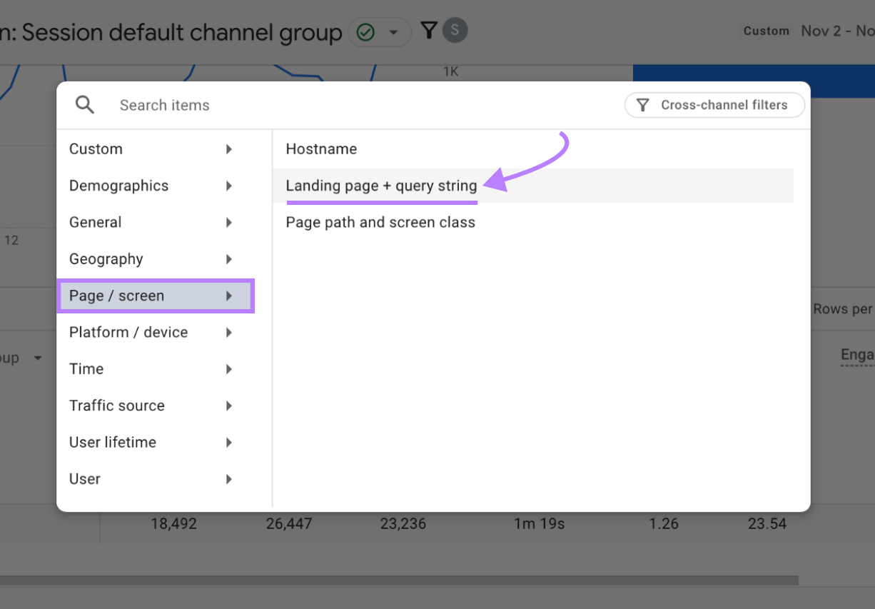 Setting the secondary dimension to “Page / screen” > “Landing page + query string"