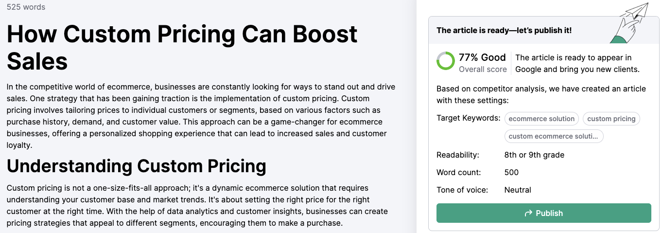 Contentshake AI article result titled how custom prices can boost sales.