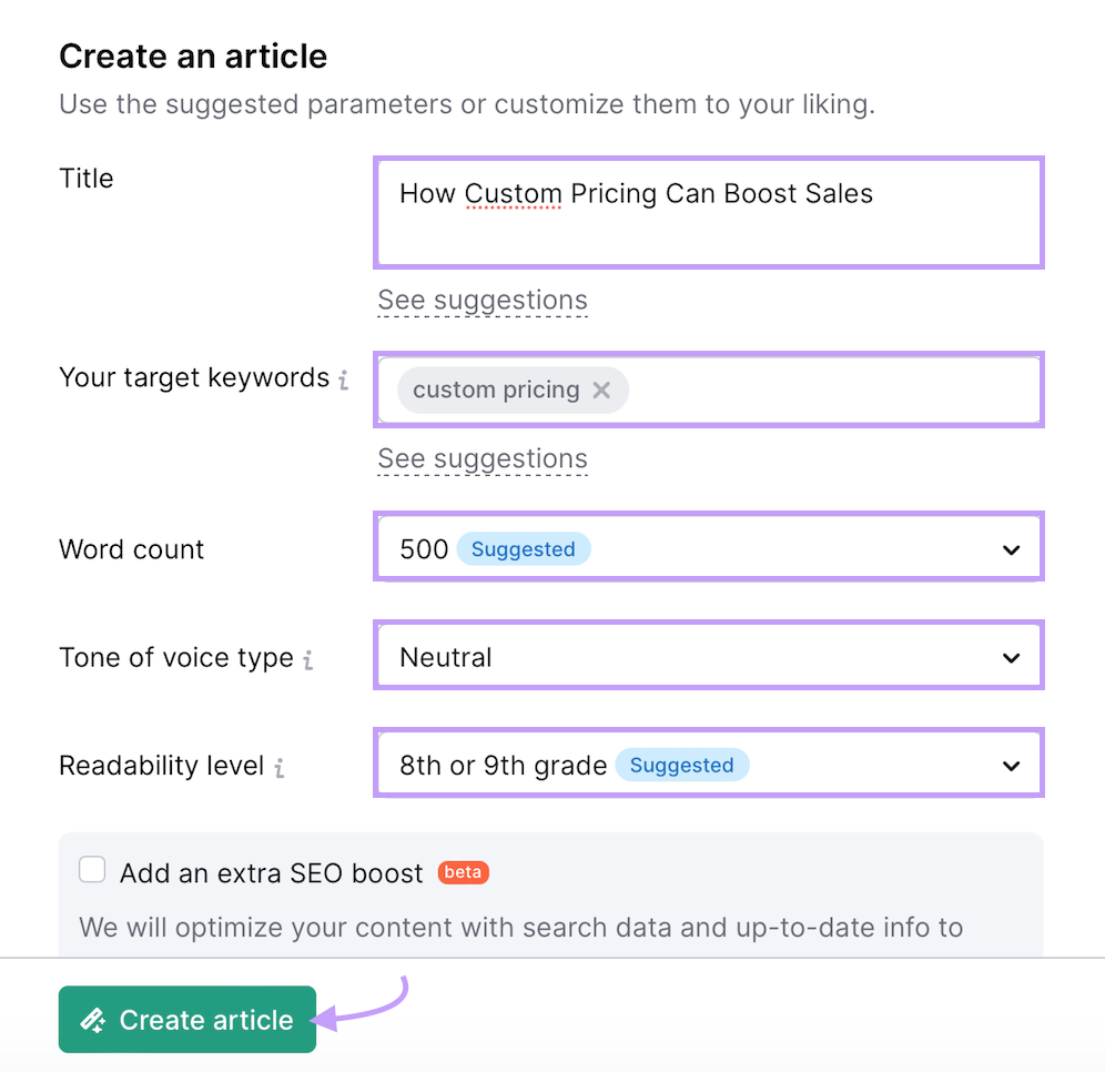 Contentshake AI overview of article parameters such as title, target keywords, word count and tone of voice type.