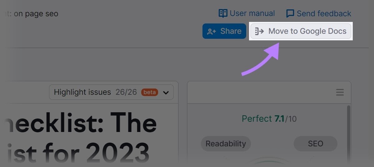 “Move to Google Docs” button highlighted in top right corner of SEO Writing Assistant tool