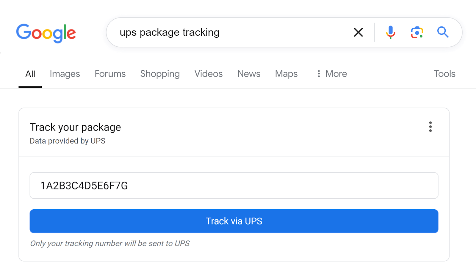 Google SERP for 'ups package tracking' with sample tracking number entered