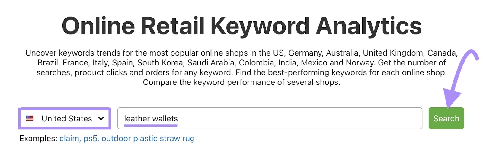 "leather wallets" in the U.S. search in Ecommerce Keywords Analytics