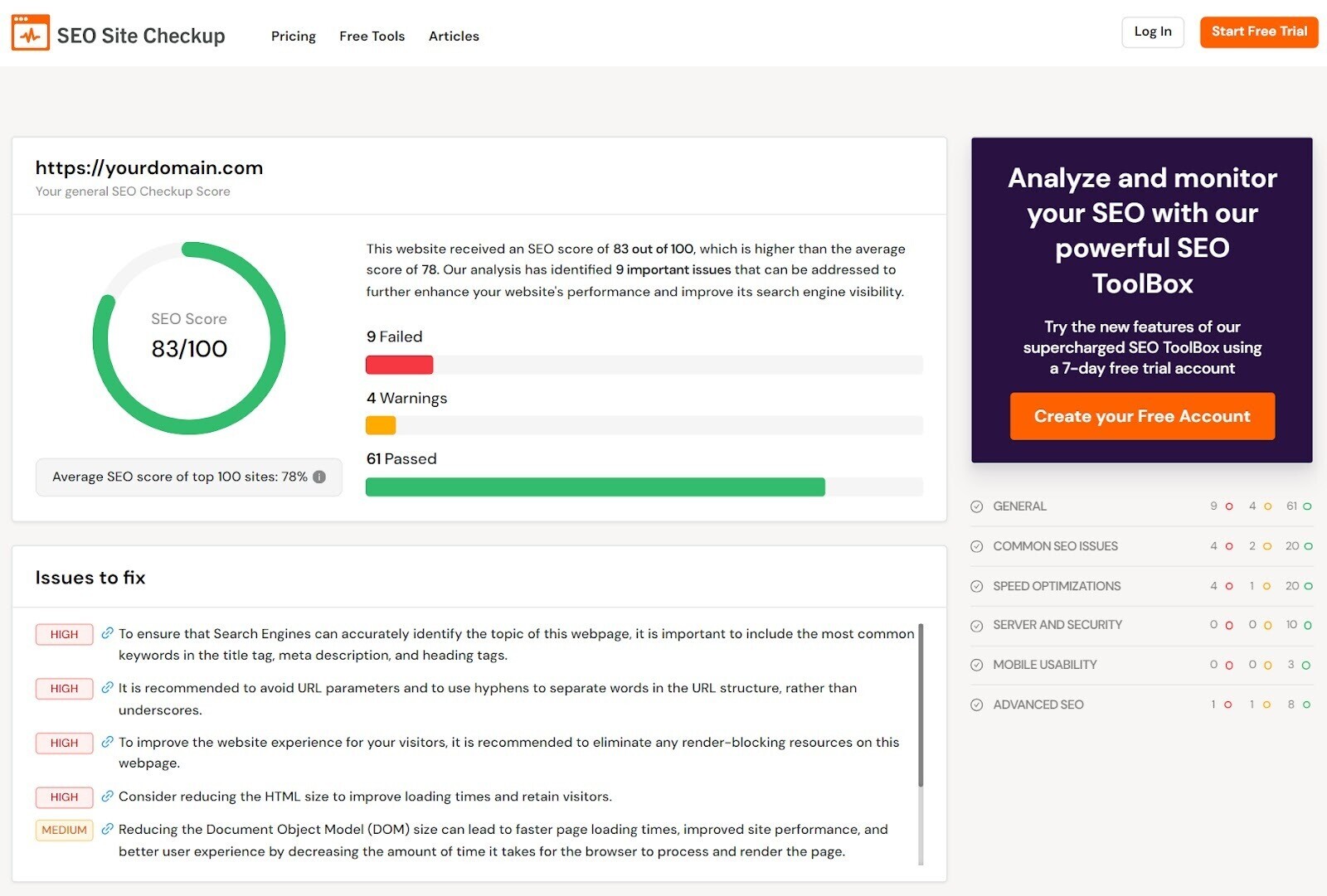 SEO Site Checkup dashboard