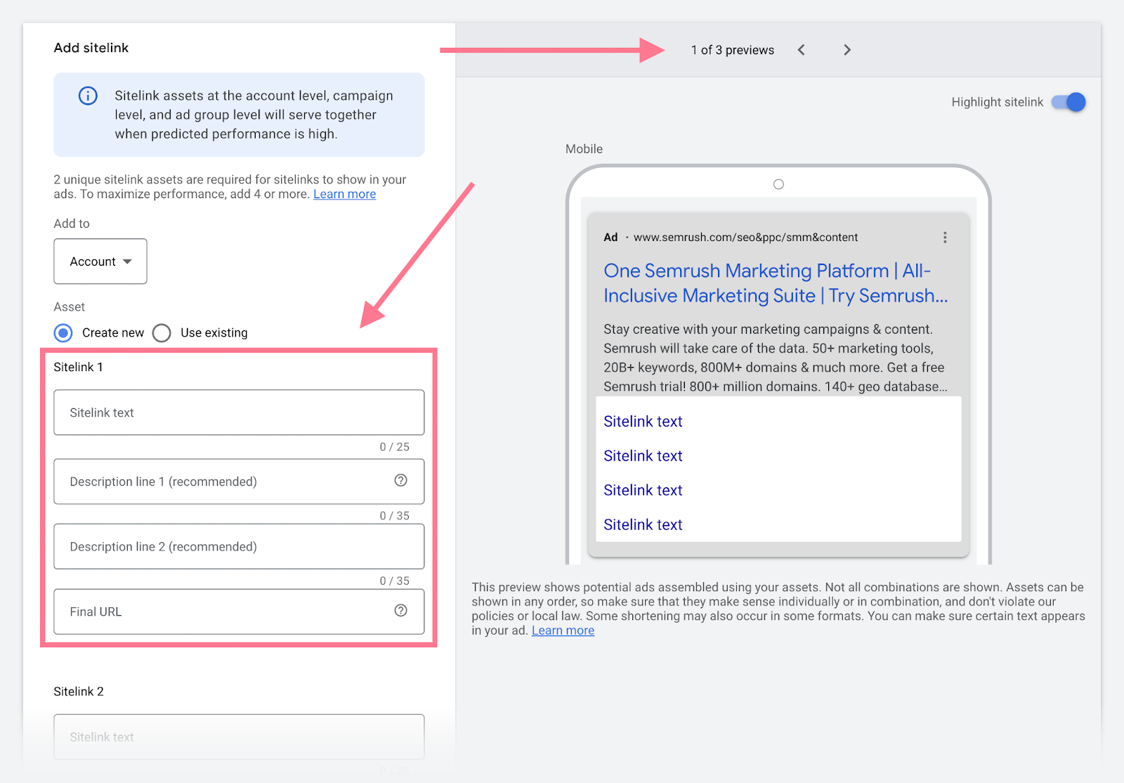 create the sitelink by filling out the form