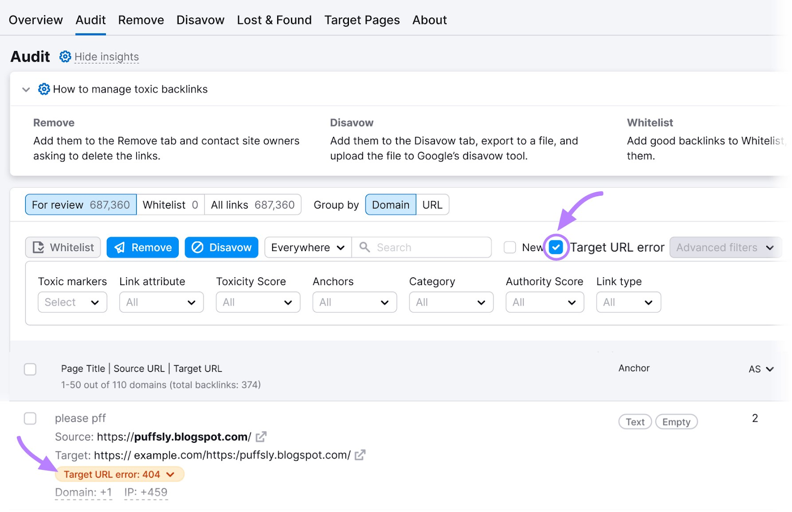 filtering the backlinks that point to 4xx (Client Error) or 5xx (Server Error) pages