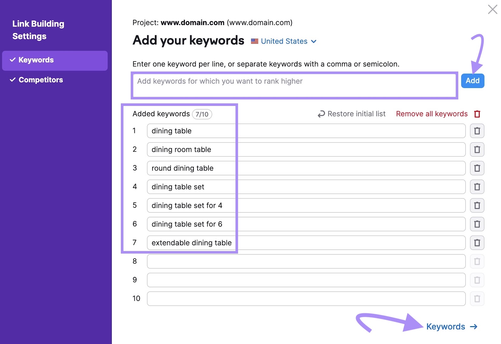 "Add your keywords" window in Link Building Tool settings