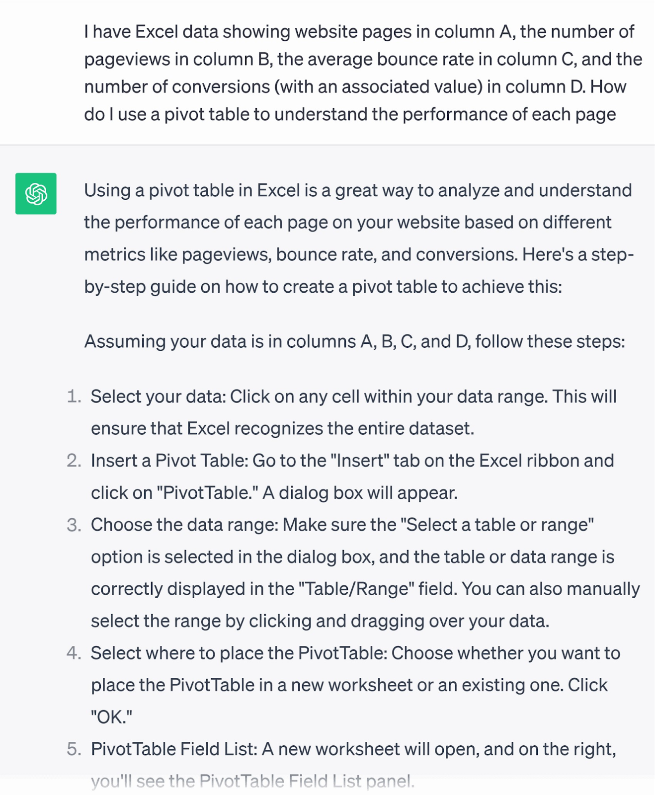 A prompt asking ChatGPT for help in using a pivot table in Excel