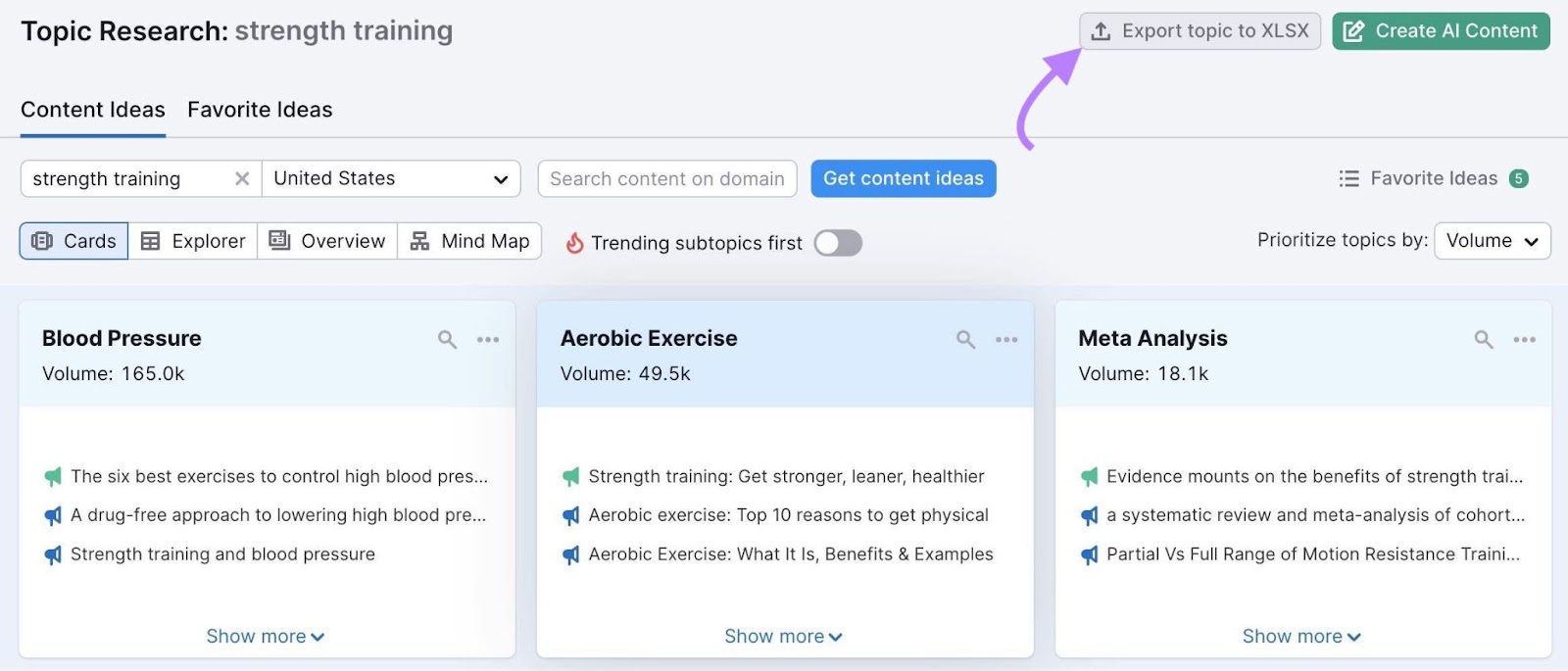 “Export topic to XLSX” button on Content Ideas highlighted to export data for all subtopics.