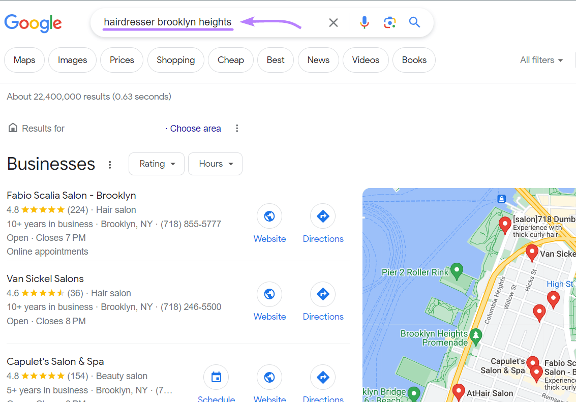 Google local pack results for “hairdresser Brooklyn Heights” query