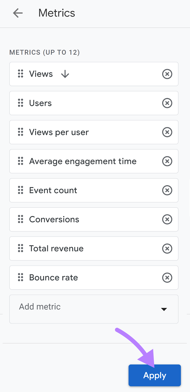 "Apply" button at the bottom of "Metrics" window