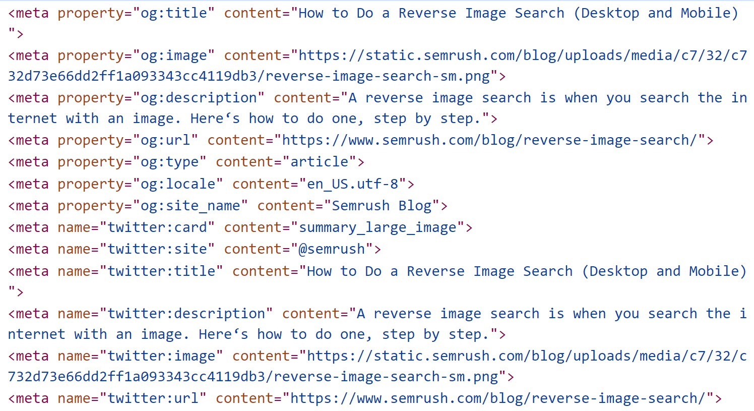 An HTML code showing Open Graph tags