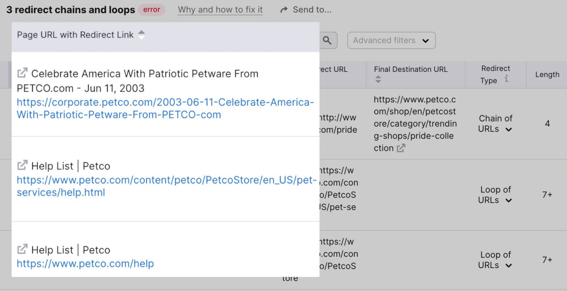 List of redirect chains and loops in Site Audit