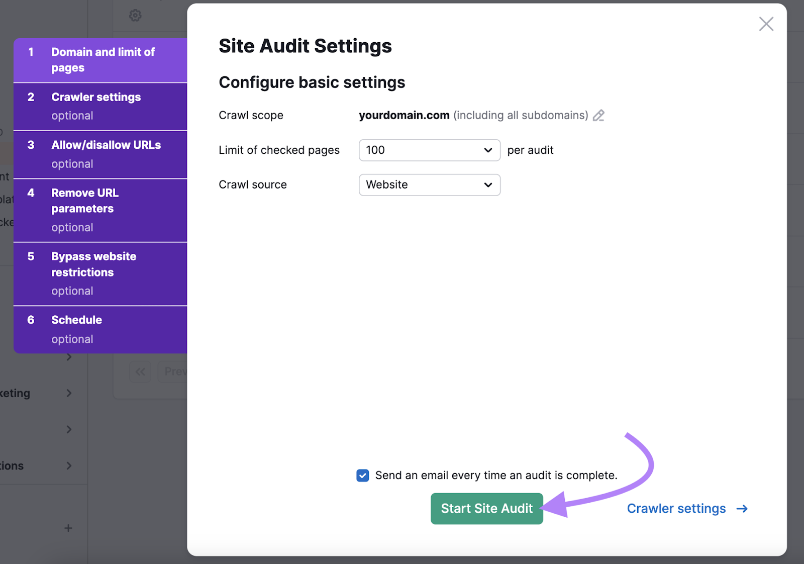 site audit settings pop up