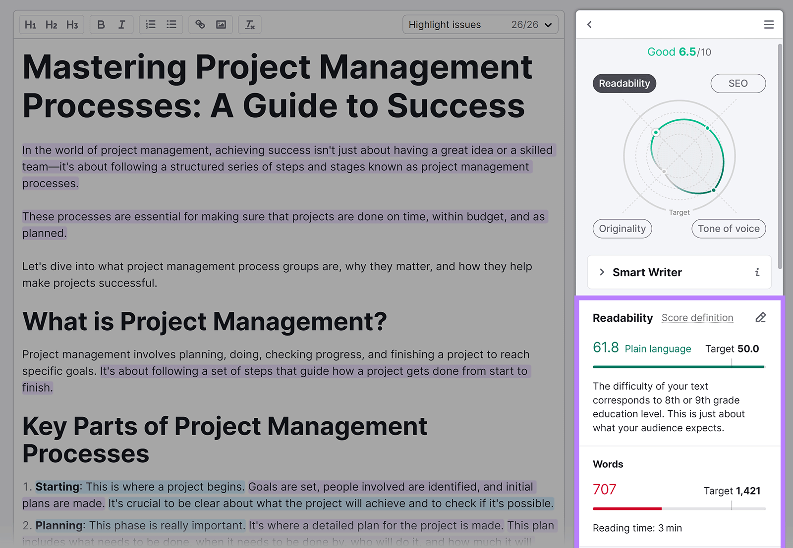 SEO Writing Assistant editor with readability score for article highlighted in right-hand section