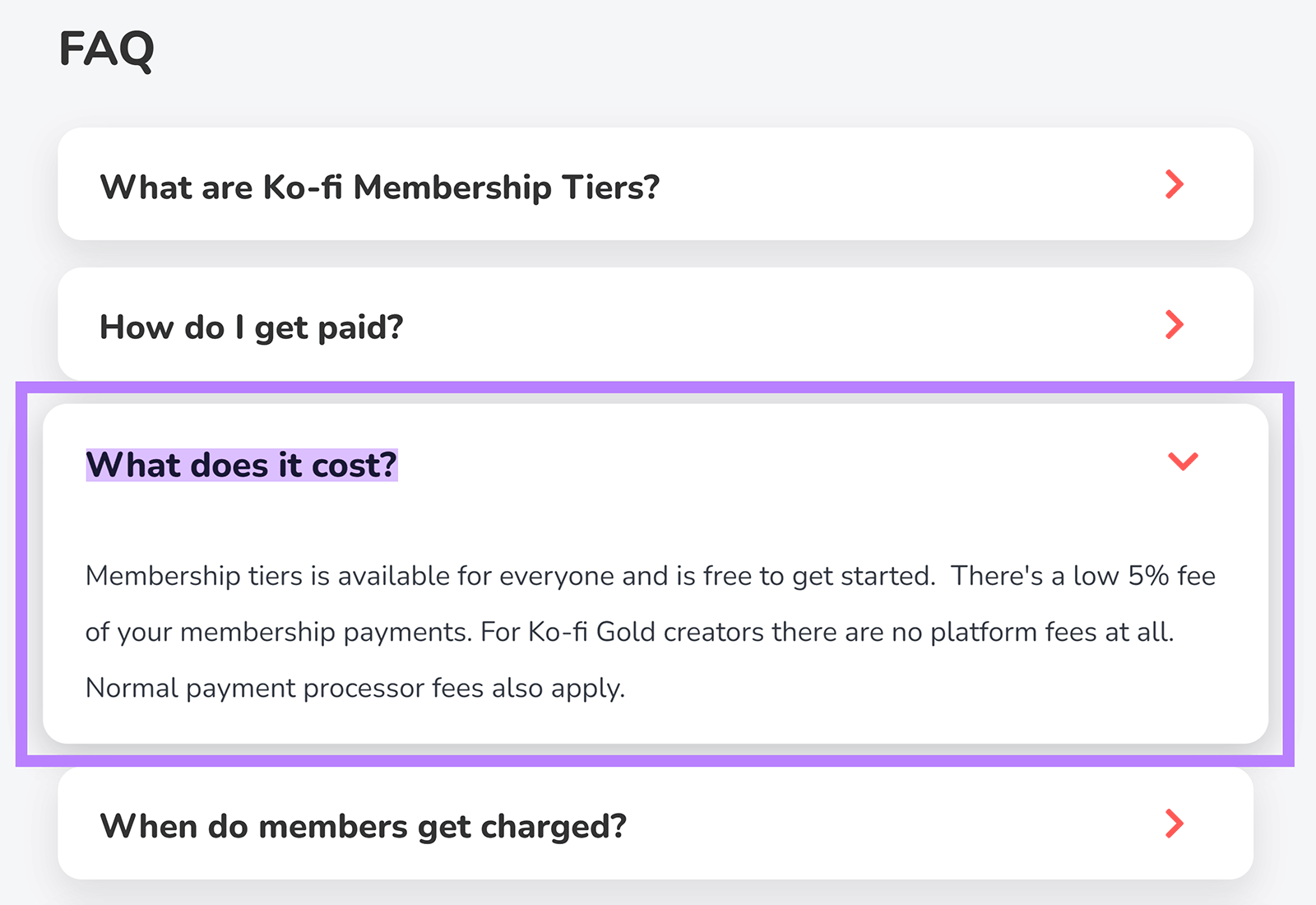 FAQ section on Ko-fi website with relevant FAQ highlighted