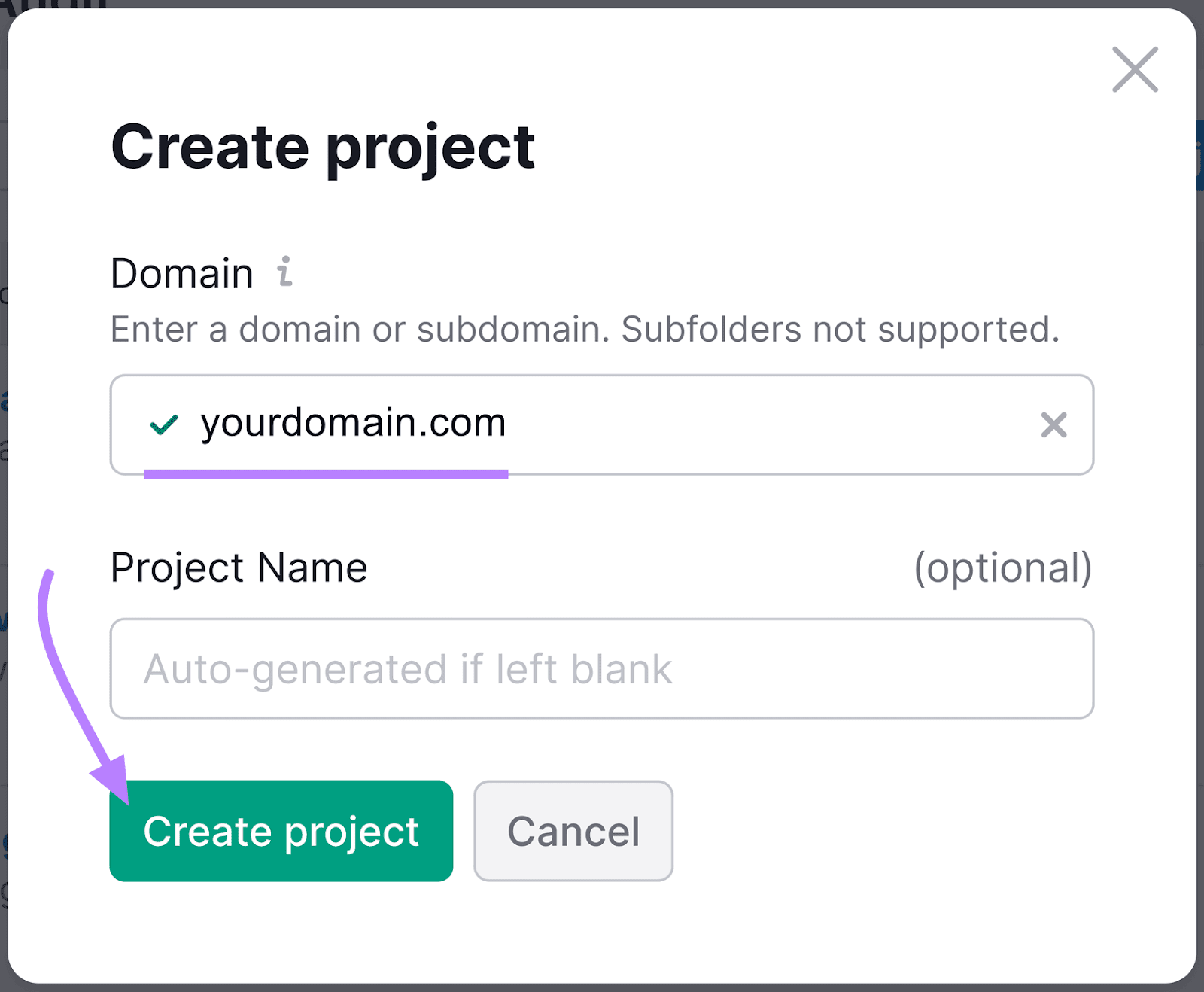 "Create project" pop-up window in Site Audit tool