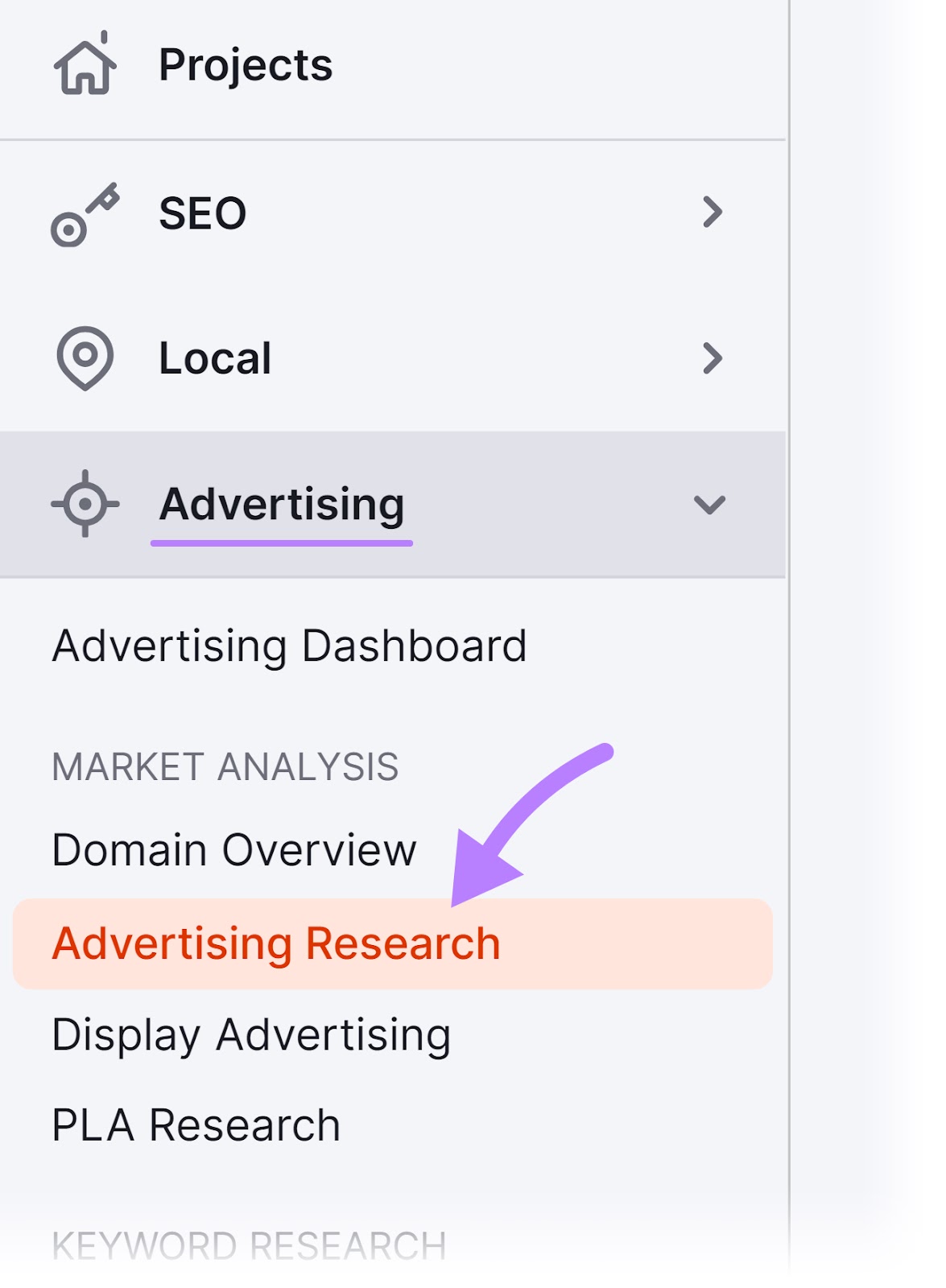 “Advertising Research” selected from the Semrush menu