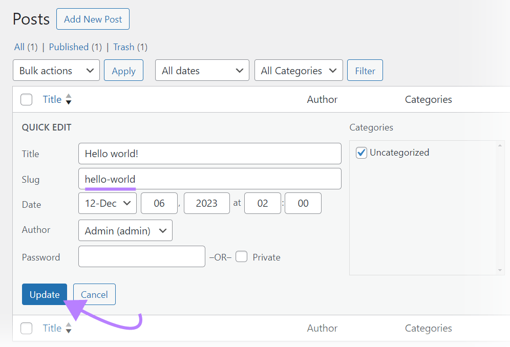 URL slug field within WordPress