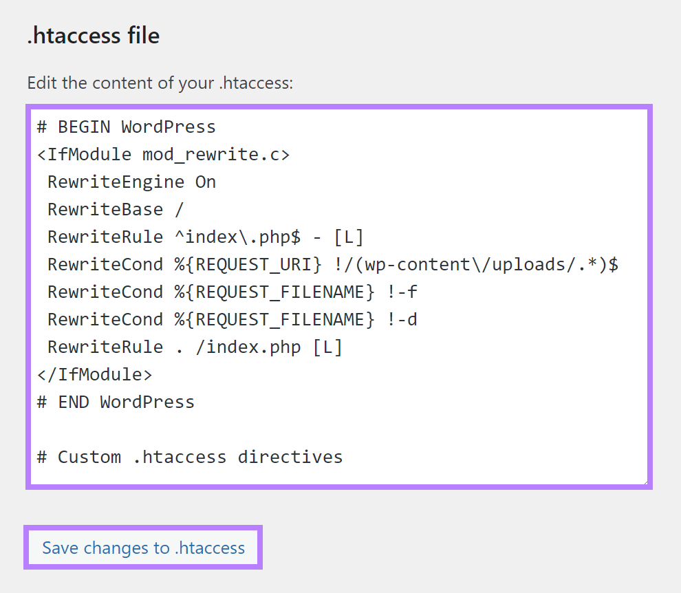 Yoast SEO WordPress plugin .htaccess file editor screen.