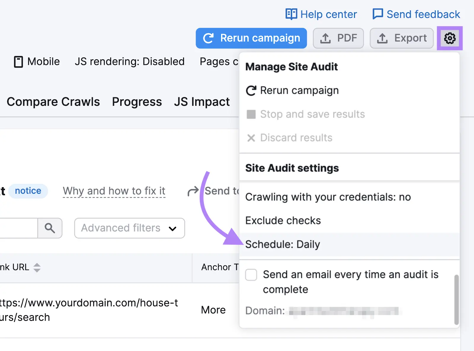 schedule settings option highlighted