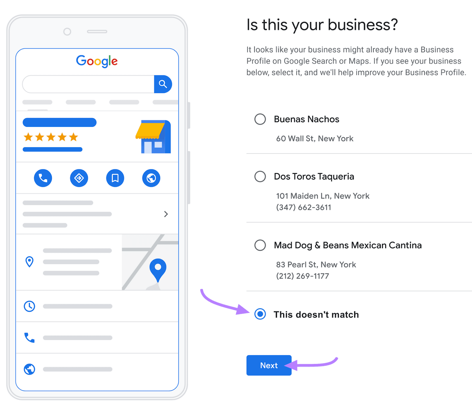 "Is this your business?" step of creating a GBP