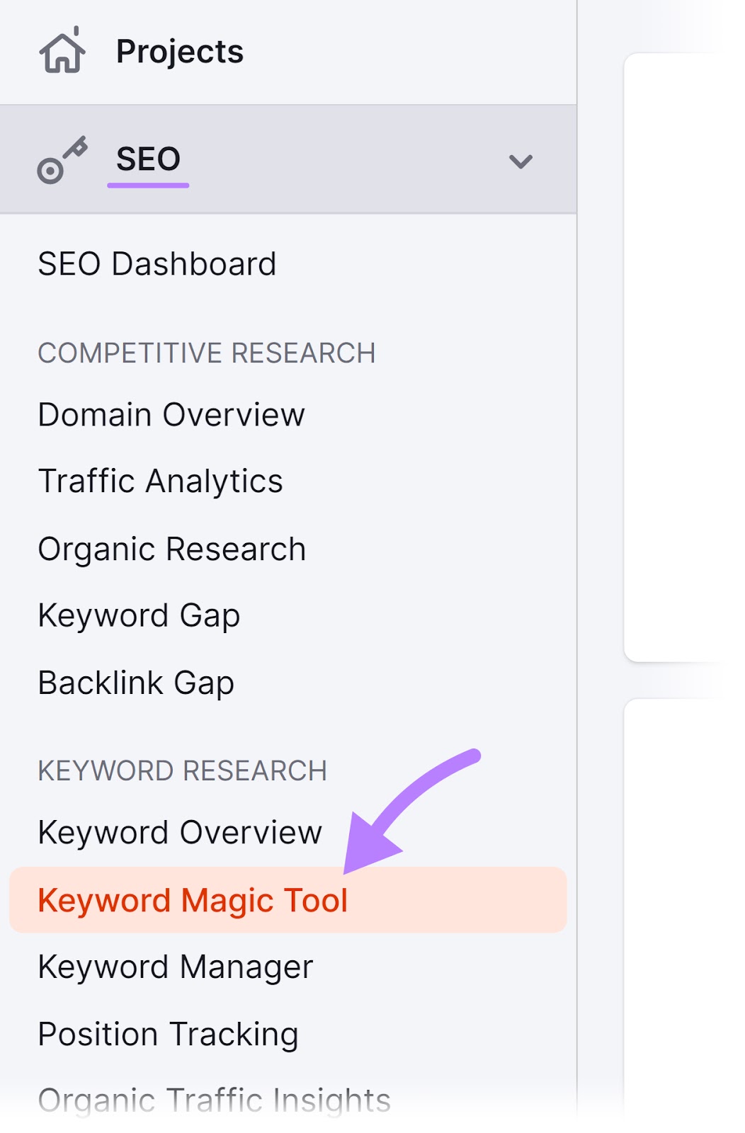 "Keyword Magic Tool" selected from Semrush menu