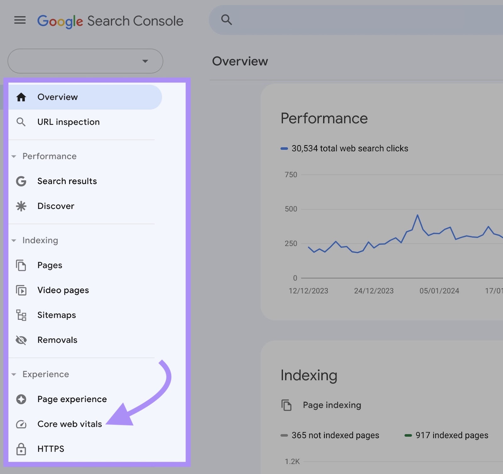 "Core Web Vitals" button highlighted in Google Search Console menu