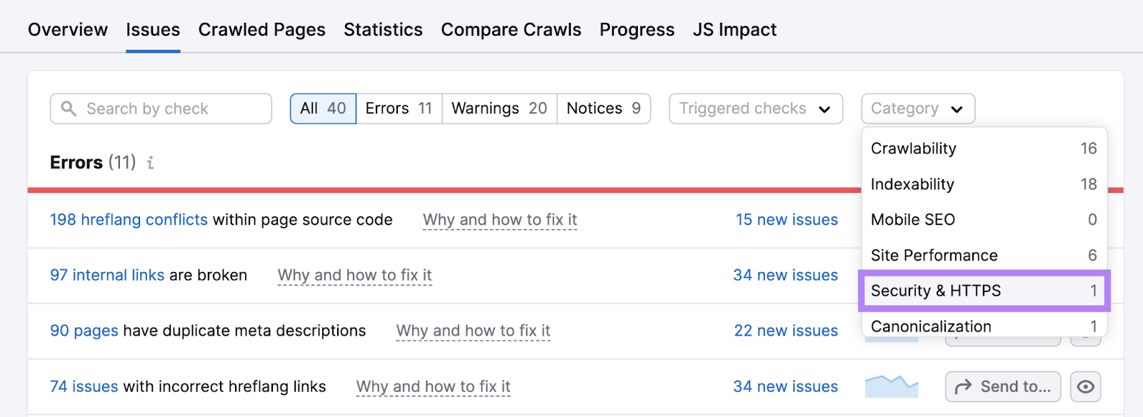 Category filter in site audit with security & https option highlighted