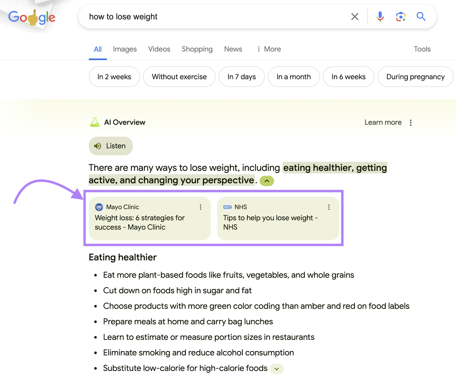 Mayo Clinic and NHS sources highlighted in AI Overview results for “how to lose weight"