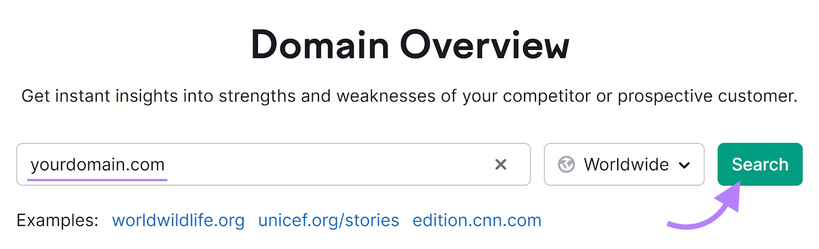 Domain Overview tool with "yourdomain.com" in the text field and the "Search" button highlighted