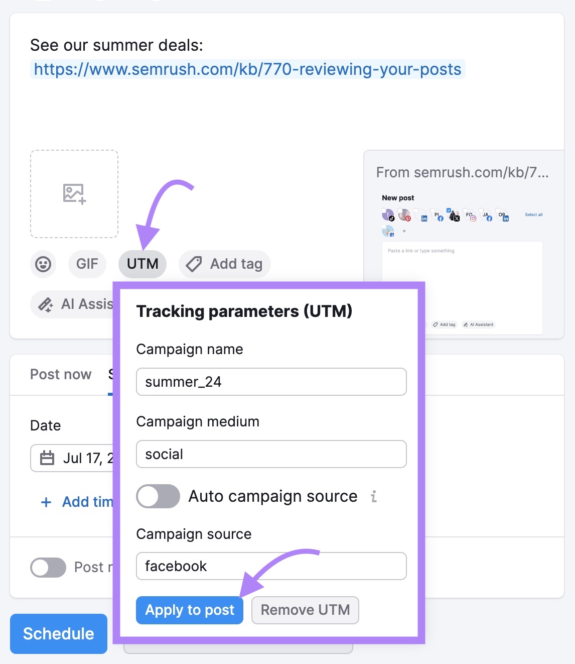 "UTM" dropdown opened, parameters set, and "Apply to post" clicked on Social Poster