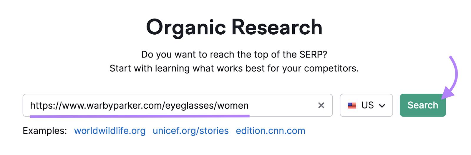 url entered into organic research tool