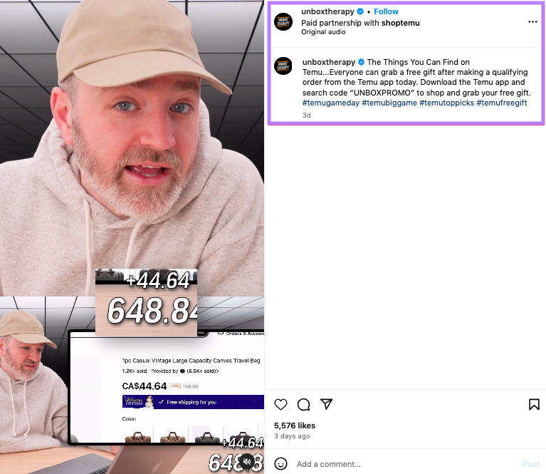 Instagram video showing partnership between Unbox Therapy and Temu