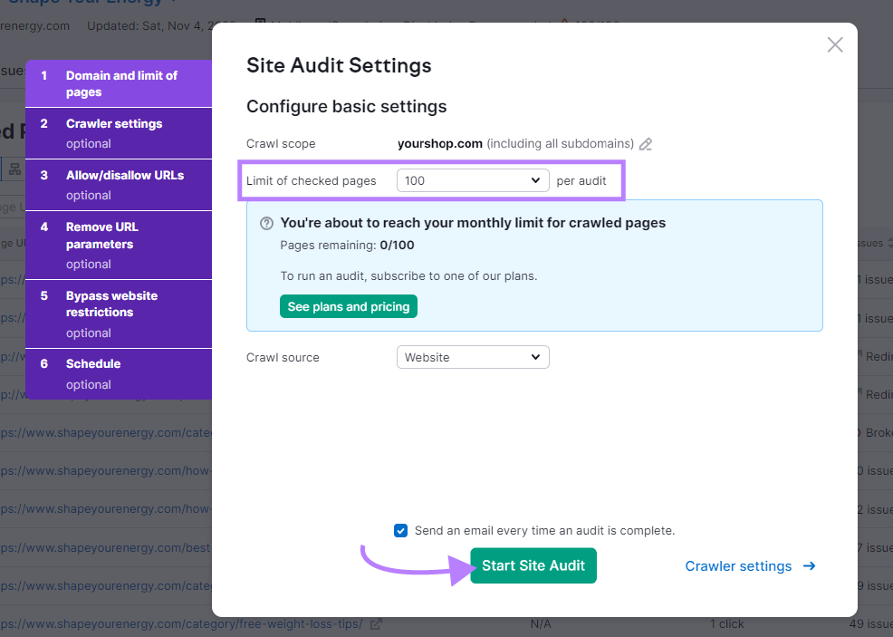 Site Audit Settings popup within Semrush