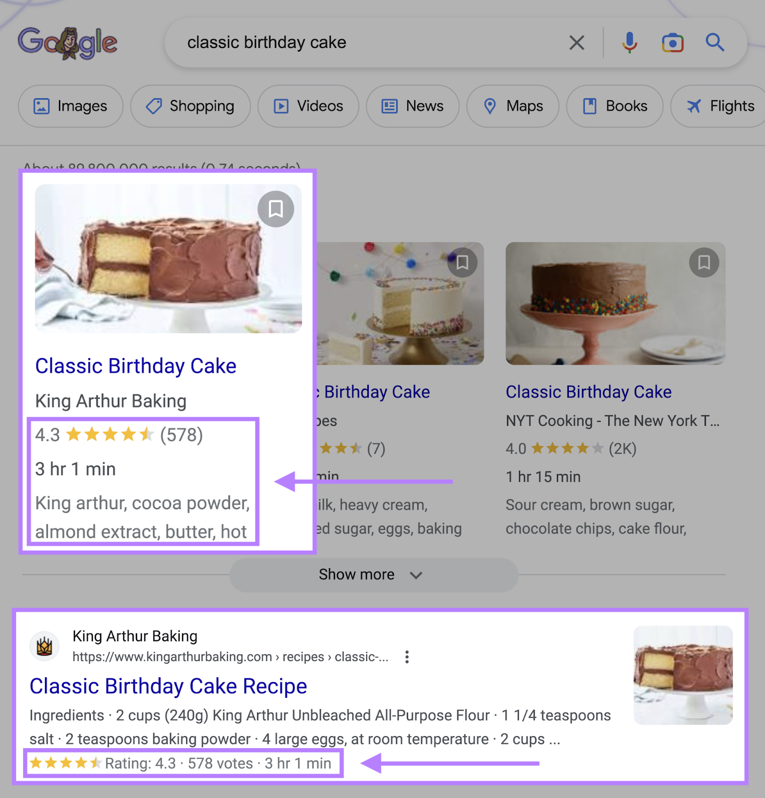 how King Arthur Baking utilizes schema markup to be featured in the recipes section and organic listings