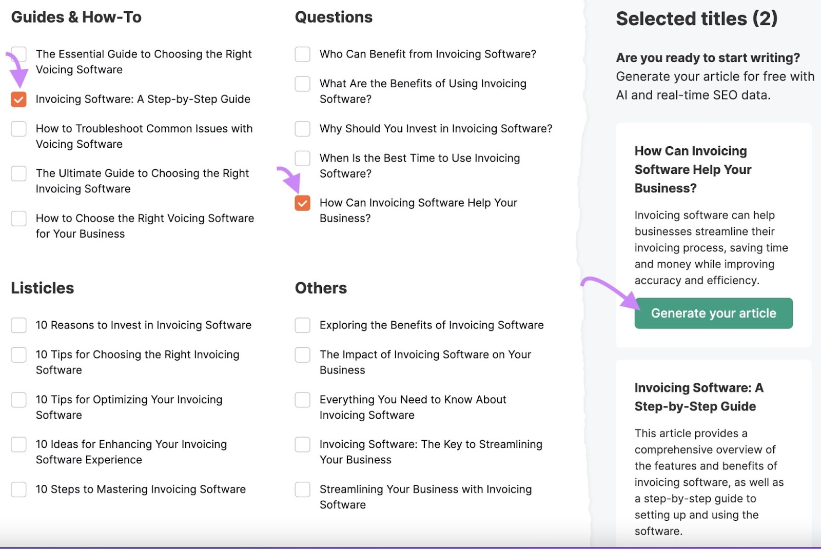 "Invoicing Software: A Step-by-Step Guide," and "How Can Invoicing Software Help Your Business?" titled selected from the list