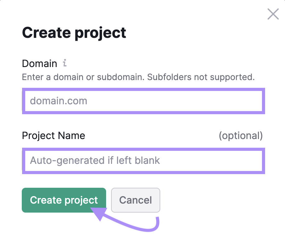 "Create project" pop-up window in Site Audit tool