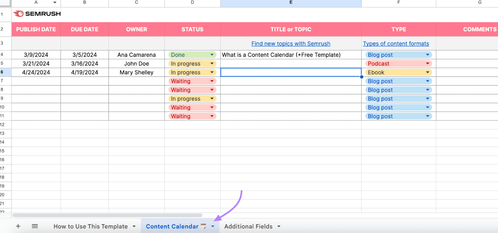 Editorial Calendar template spreadsheet from Semrush, with the "Content Calendar" tab highlighted in purple