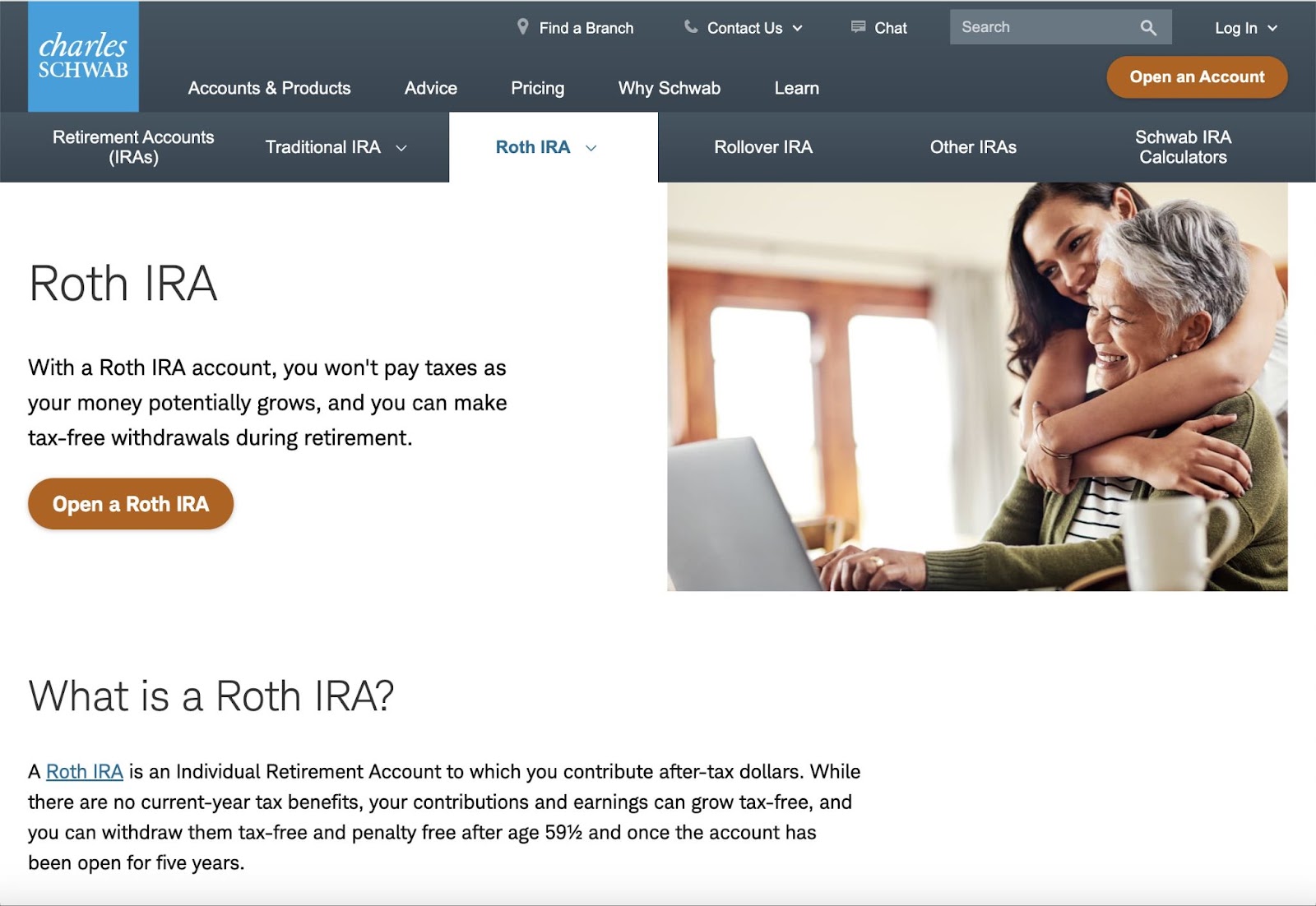 Charles Schwab's landing page targeting the keyword “Roth IRA"