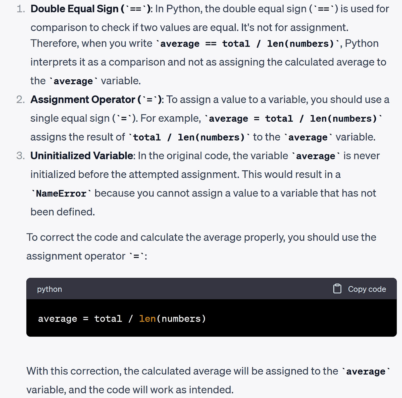 ChatGPT's detailed response, breaking down the code and explaining errors