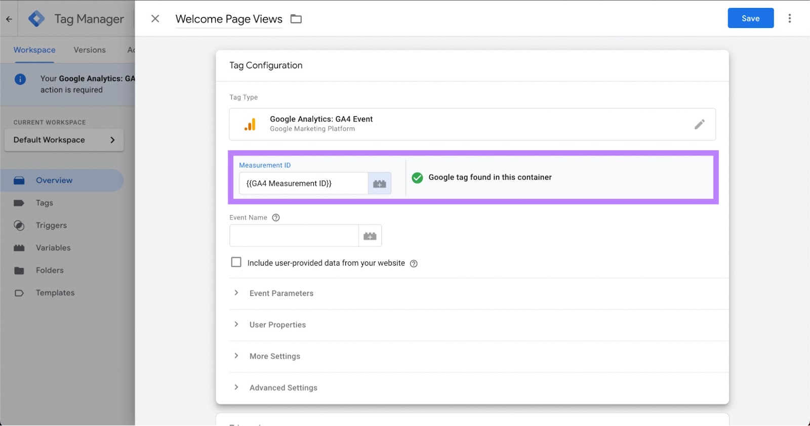 “Measurement ID” field highlighted under "Tag Configuration"