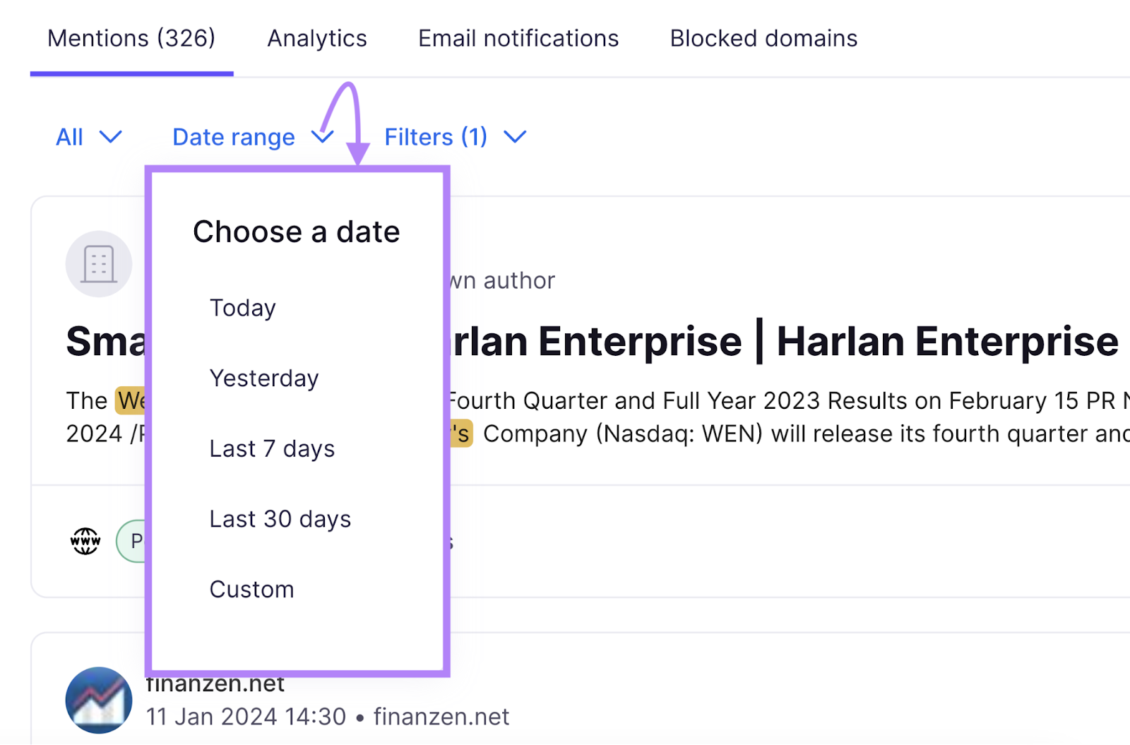 'Date range' in the 'Brand Monitoring' tool showing different time periods to review mentions for last 1, 7, 30, or custom days.