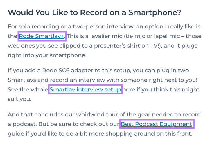 Examples of external links highlighted in The Podcast Host's pillar page content