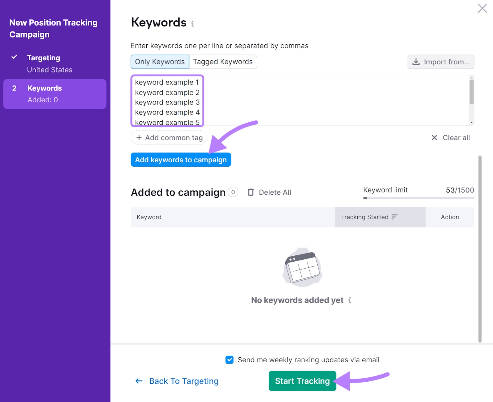 "Keywords" window in Position Tracking settings