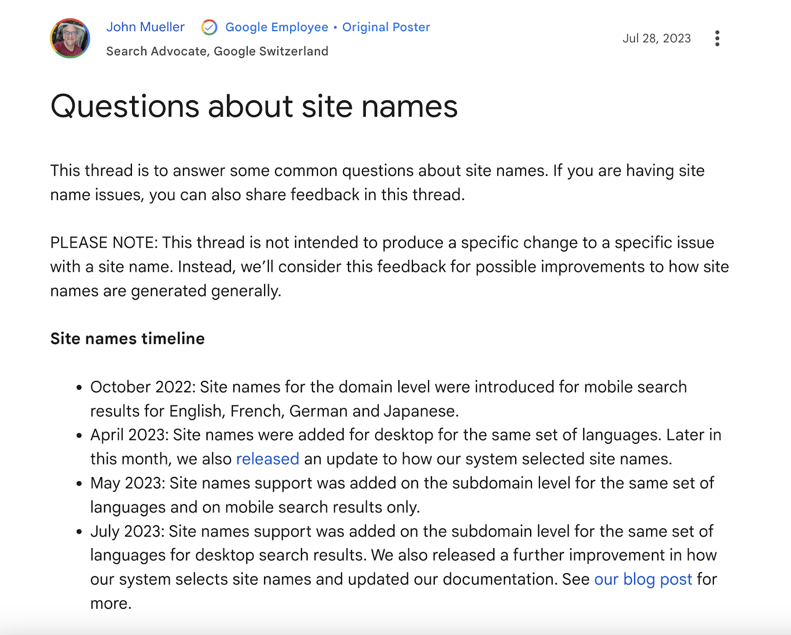 John Mueller post addressing questions about site names.