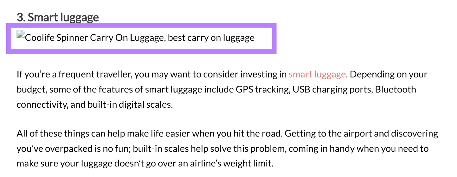 The alt text "Coolife Spinner Carry On Luggage, best carry on luggage" appears alongside a broken image icon in a blog post.