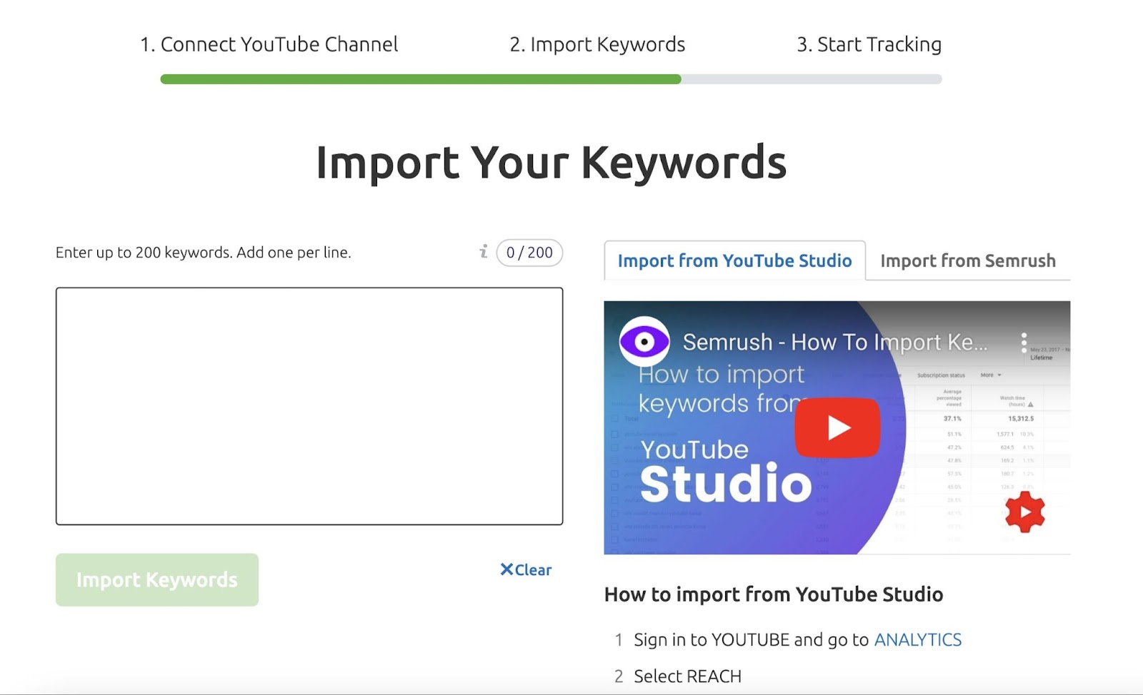 "Import your keywords" step in Rank Tracker for YouTube