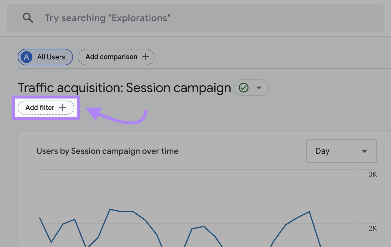 "Add filter" clicked on the top left of the “Traffic acquisition” report