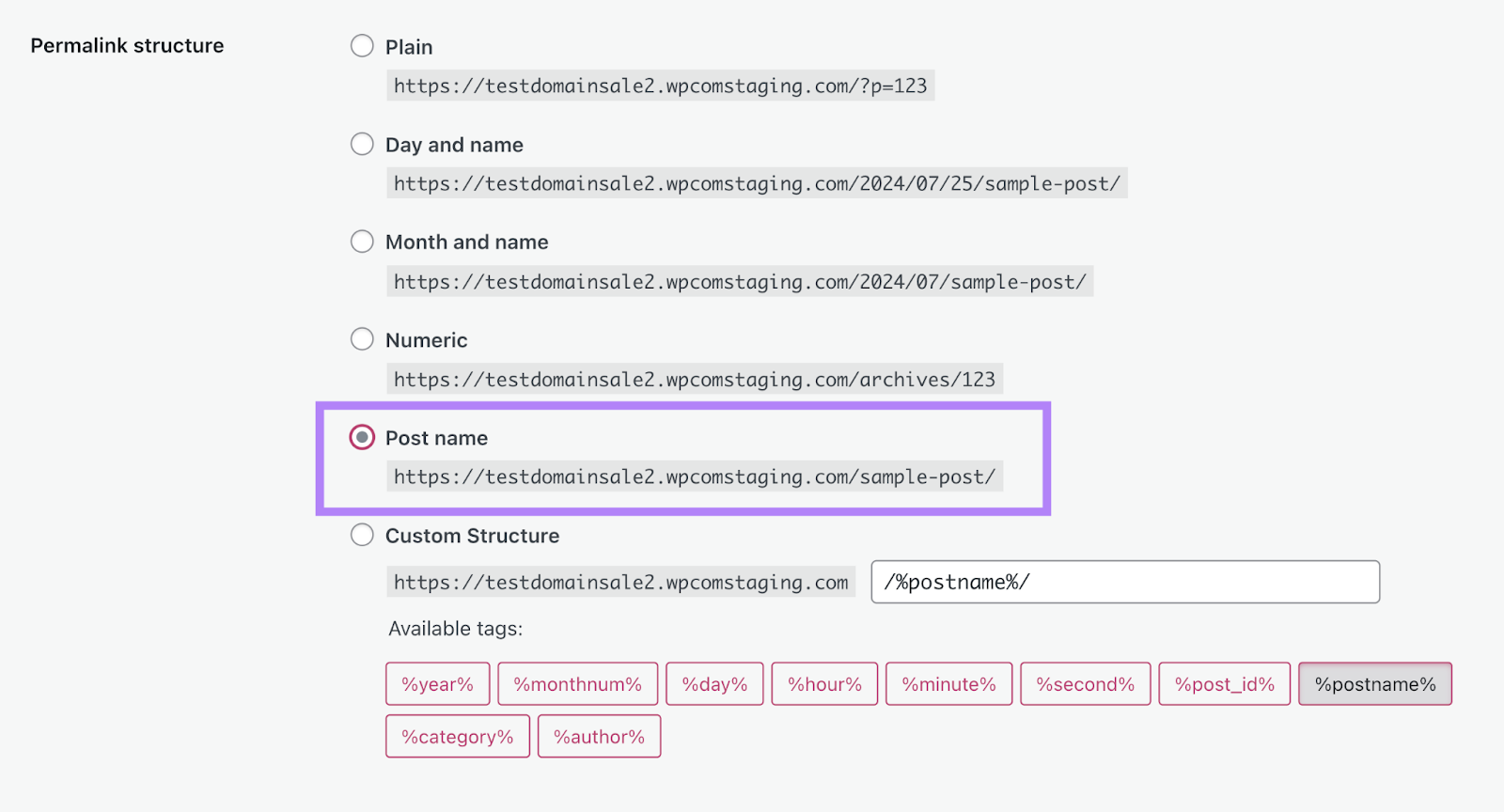 WordPress permalink structure settings with "post name" option highlighted