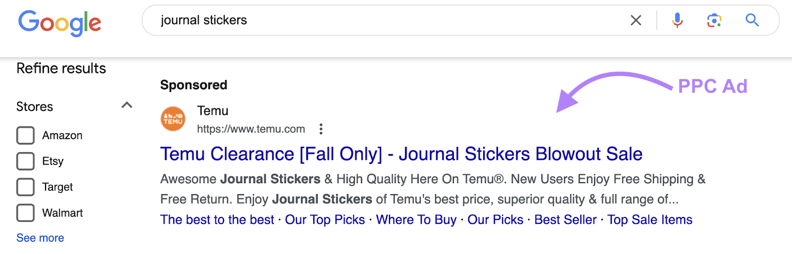 PPC Ad appears as a text ad at the top of the SERP